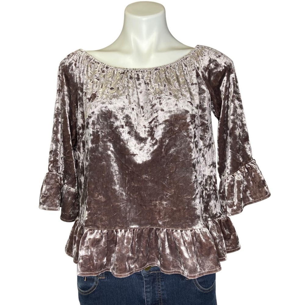 SANCTUARY Julia Crushed Velvet Off The Shoulder Ruffle Hem Top Mink Small